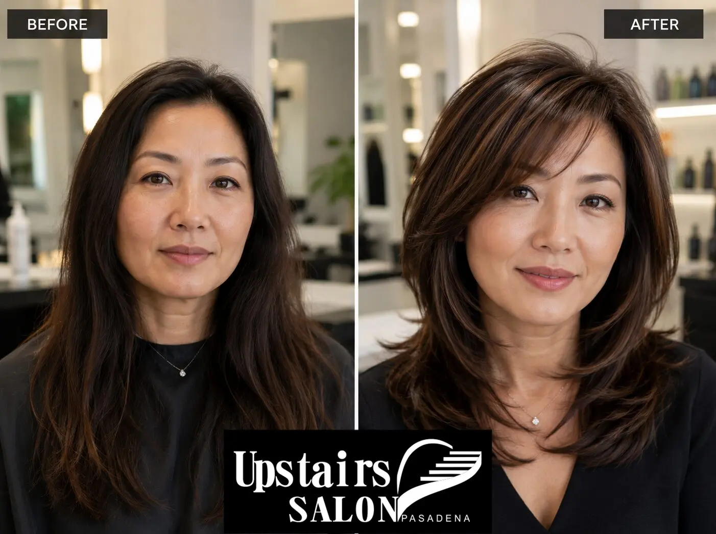 Before and after of a women's cut and color at Upstairs Salon in Pasadena